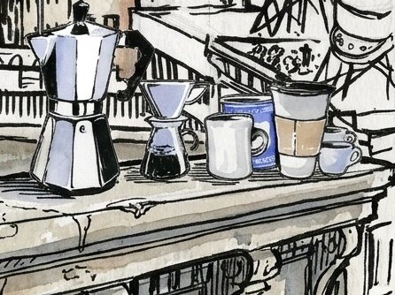 Ink-and-watercolor moka pot and coffee cups on a rooftop windowsill.