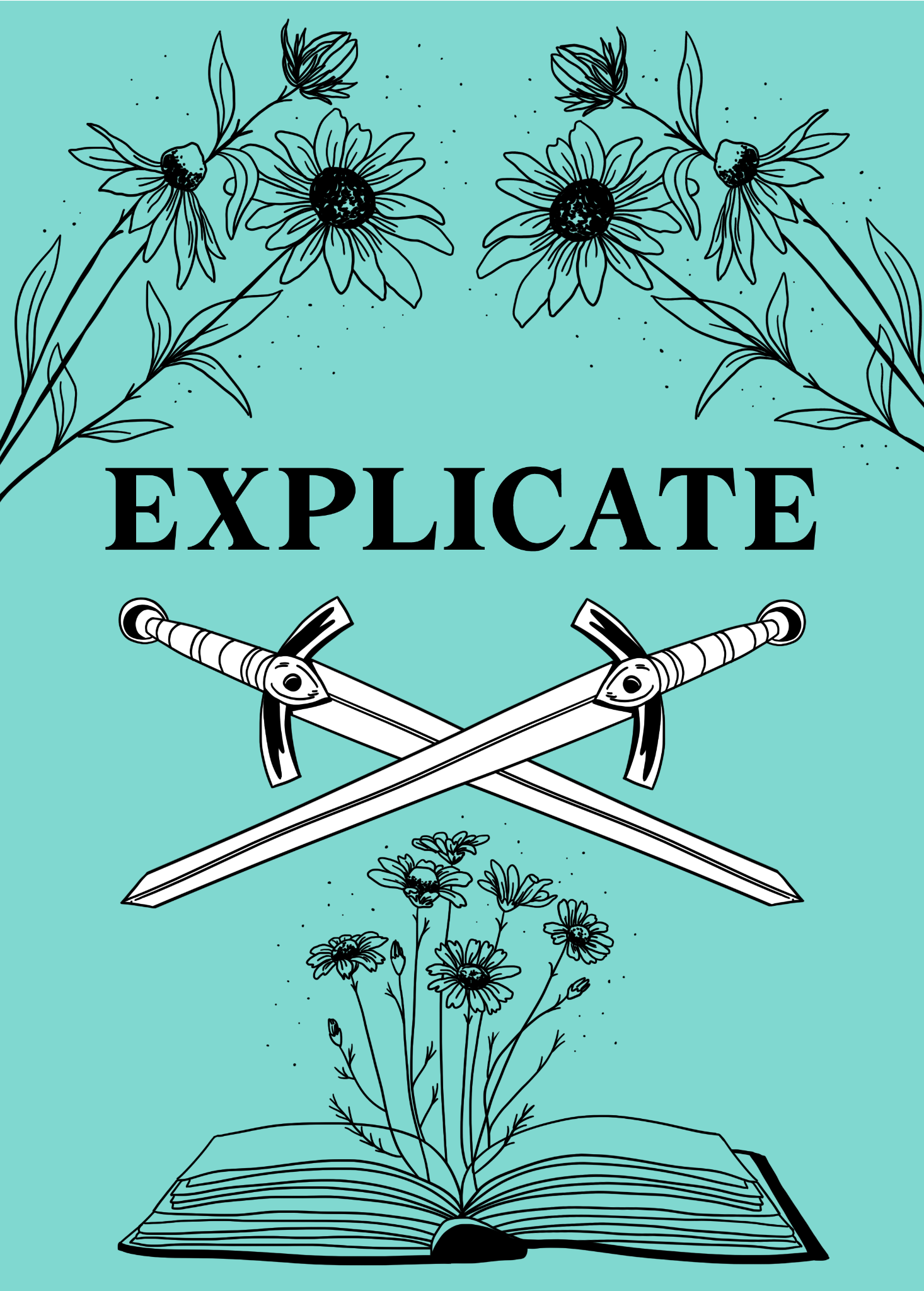 The Explicate card game cover: crossed swords, wildflowers, and an open book on teal card stock.