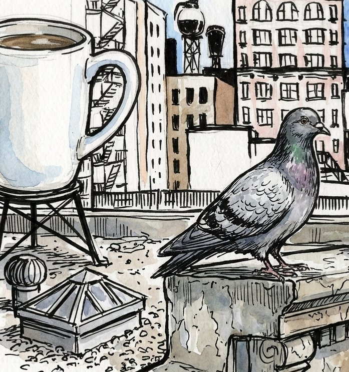 Ink-and-watercolor NYC rooftop with coffee cup and pigeon.
