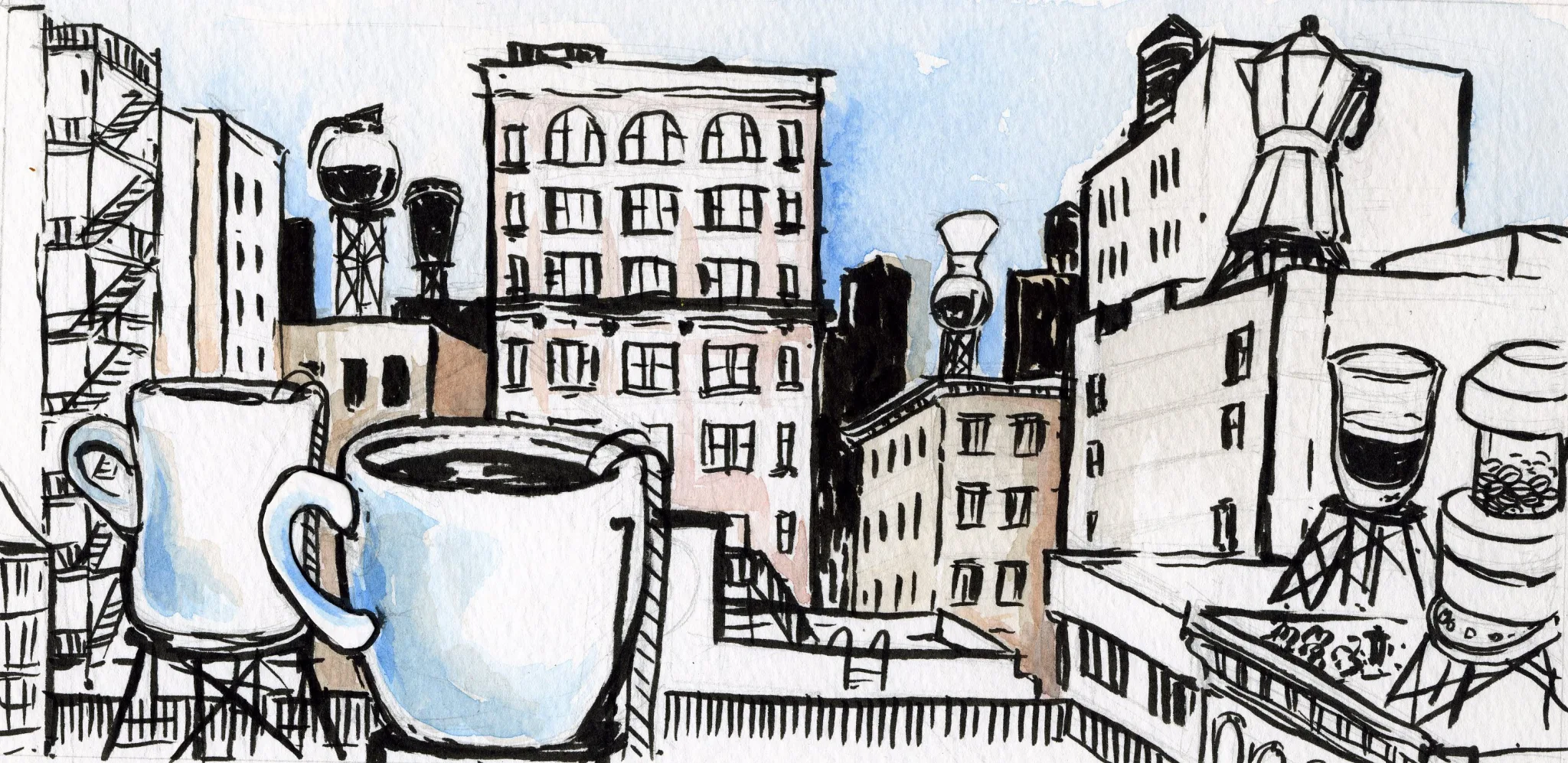Hand-drawn ink-and-watercolor sketch of the New York City skyline with coffee cups, a moka pot, a pour-over, and rooftop water towers.