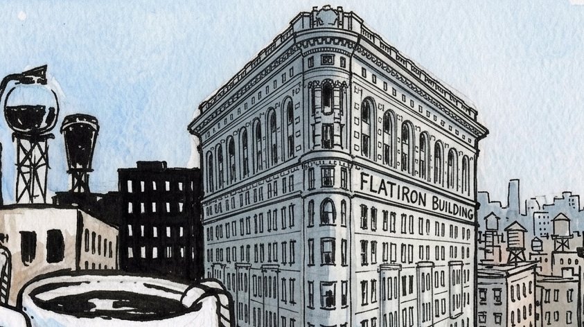 Ink-and-watercolor sketch of the Flatiron Building with coffee-percolator water towers.