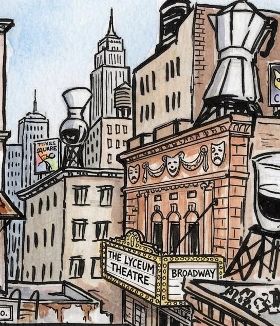 Ink-and-watercolor sketch of the Lyceum Theatre and Broadway with Empire State Building.